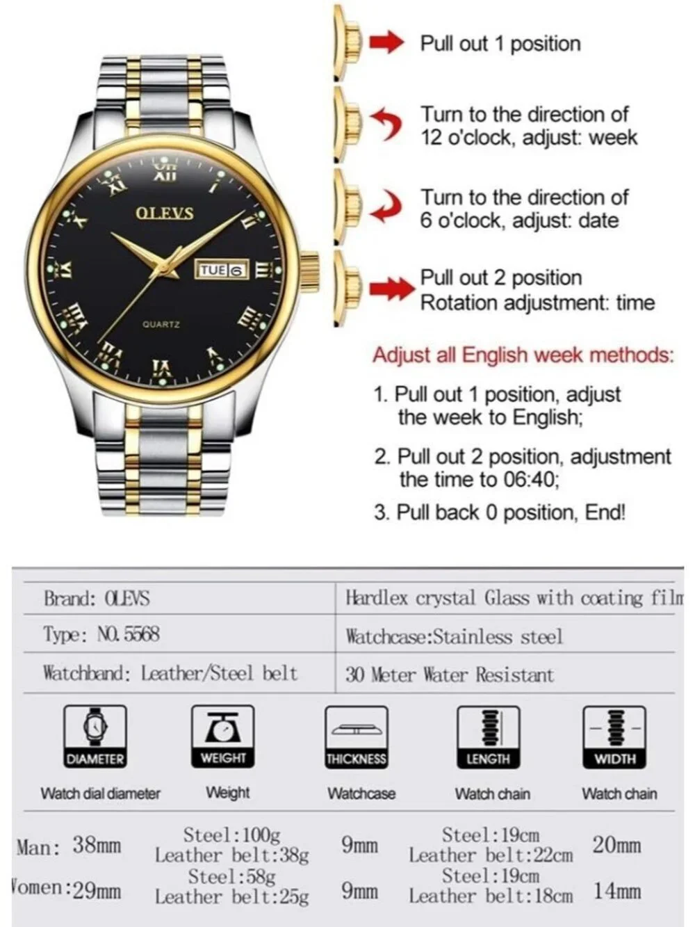 Olevs Men's Silver Stainless Black Face Analog Quartz Waterproof Luminous Watch